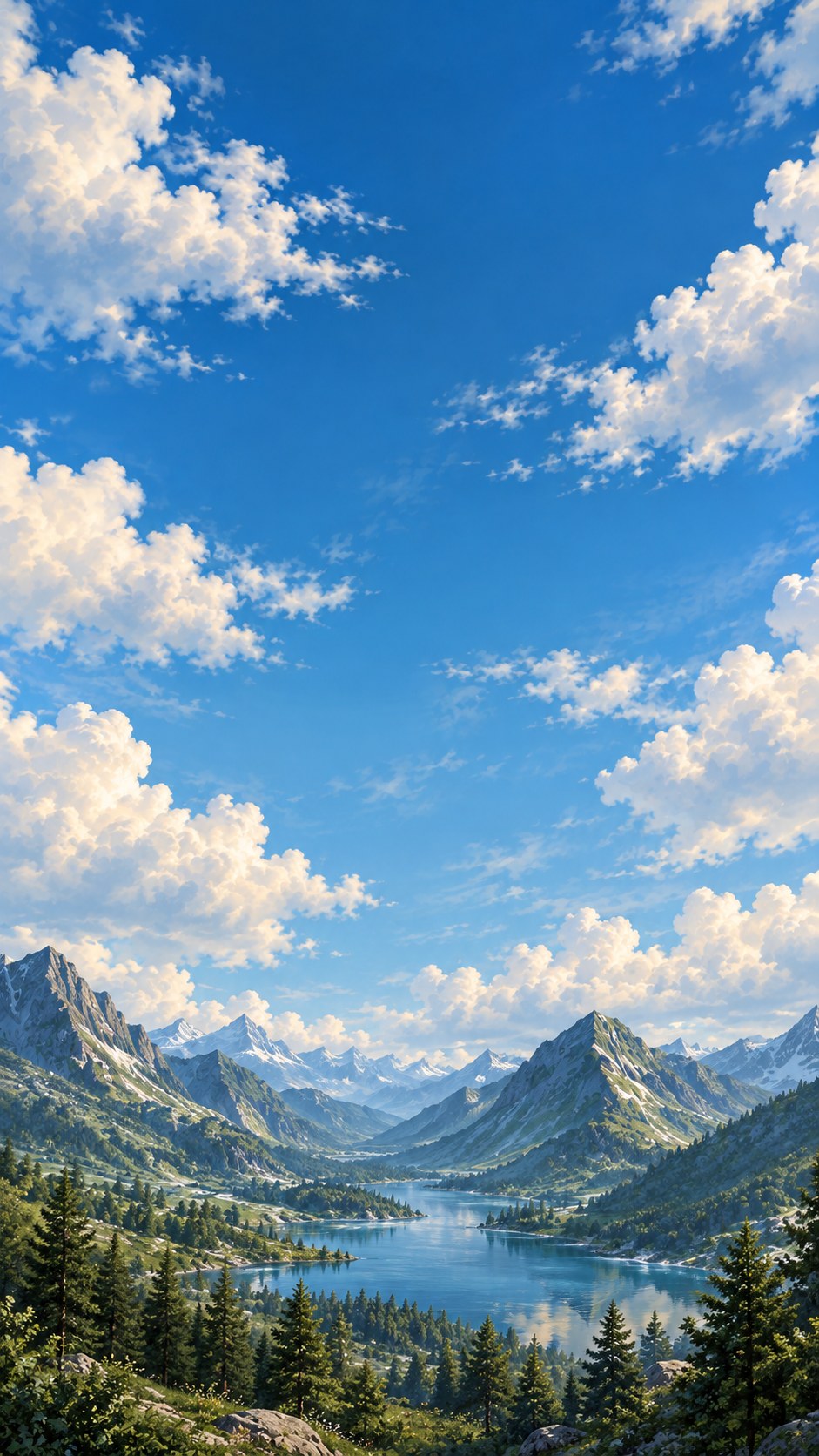 Valle de montaña con un lago turquesa bajo un cielo azul lleno de nubes