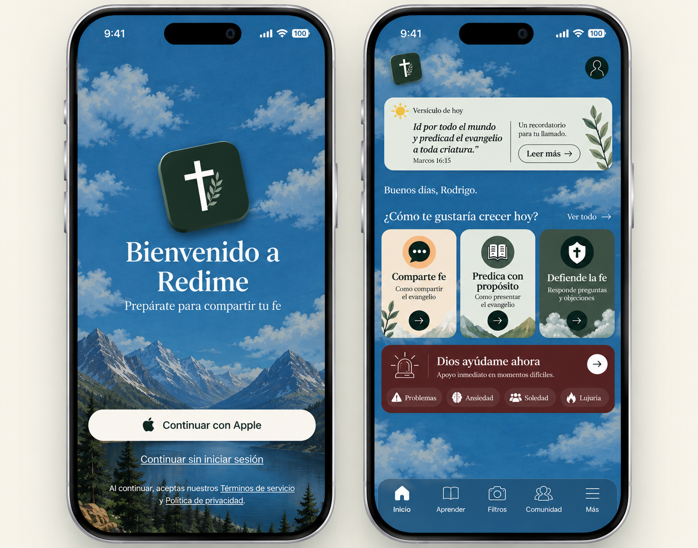 Dos teléfonos con Redime: pantalla de bienvenida e inicio con herramientas para compartir, predicar y defender la fe